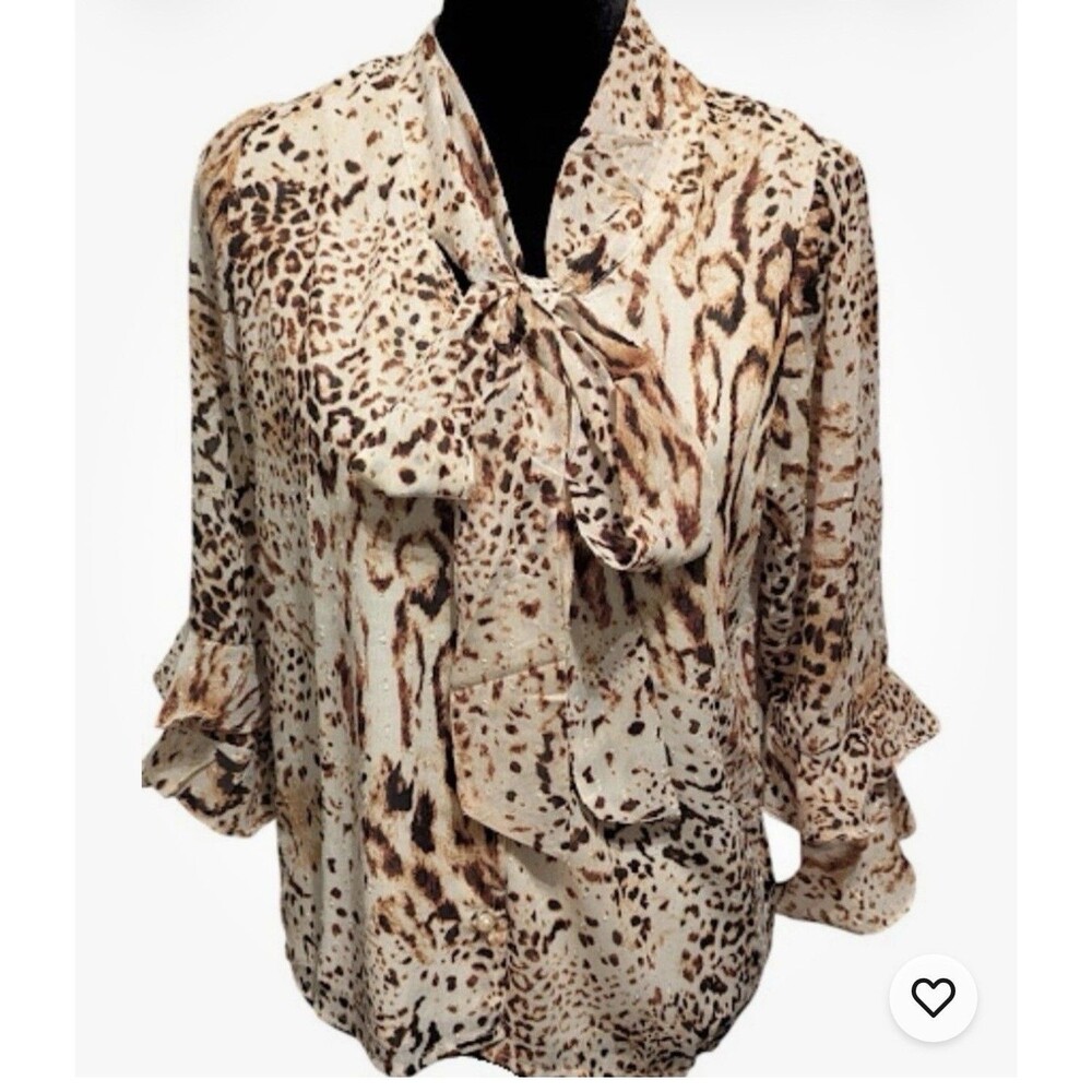 Adrienne Vittadini Womens Animal Print Ruffle Sleeve Button Up Blouse SZ M